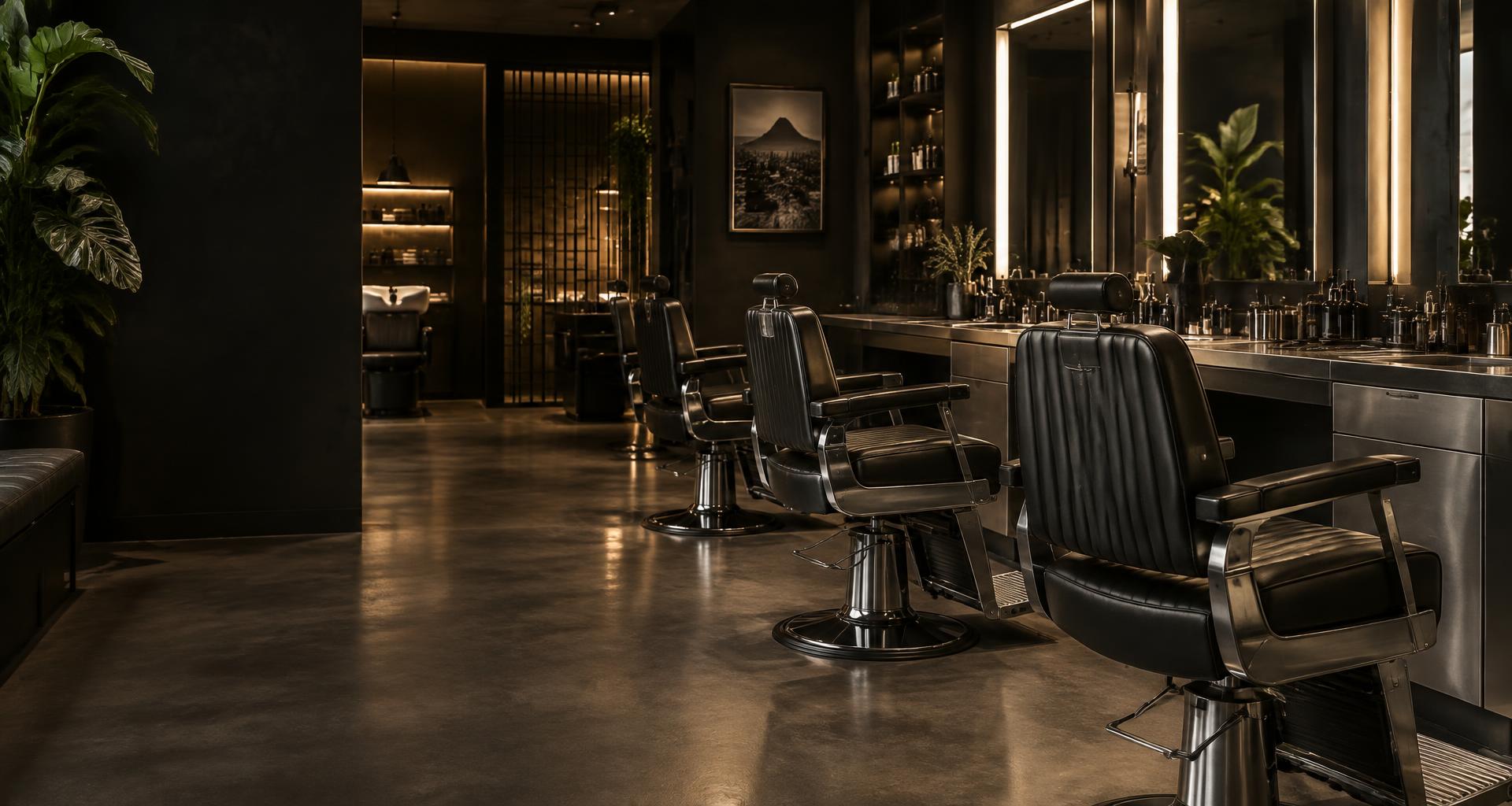 Ambiente de barbearia com poltronas e espelhos